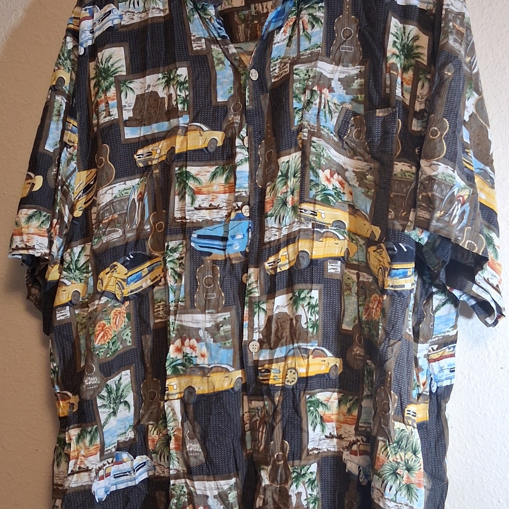 Islander Men's Button-Down Shirt in Black, Yellow & Blue Tropical Car 260783